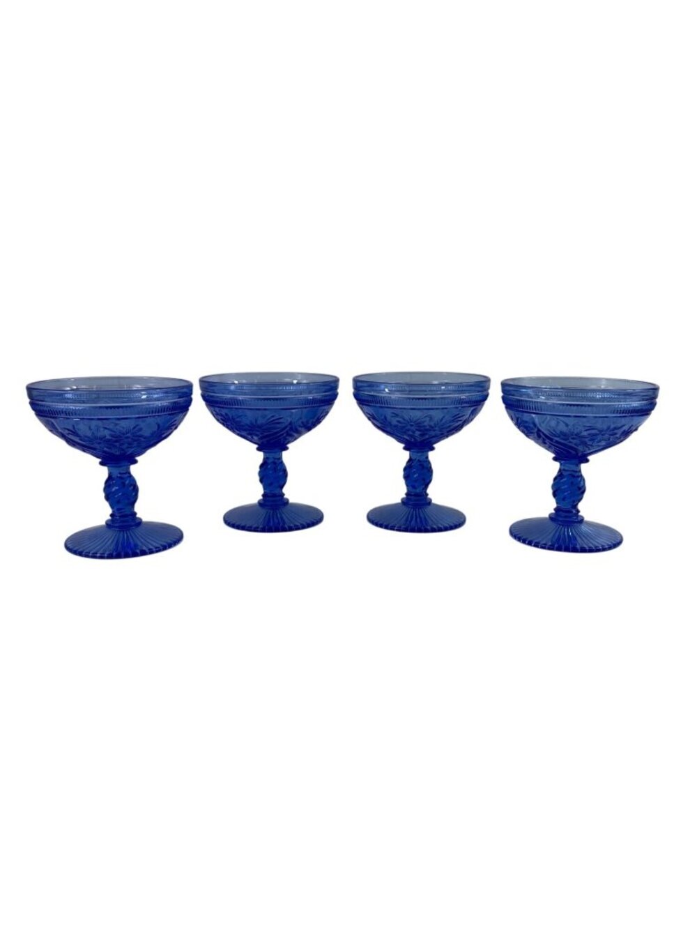 Blue Glass Dessert Compote Bowls With Floral Design - Set Of 4 Vintage